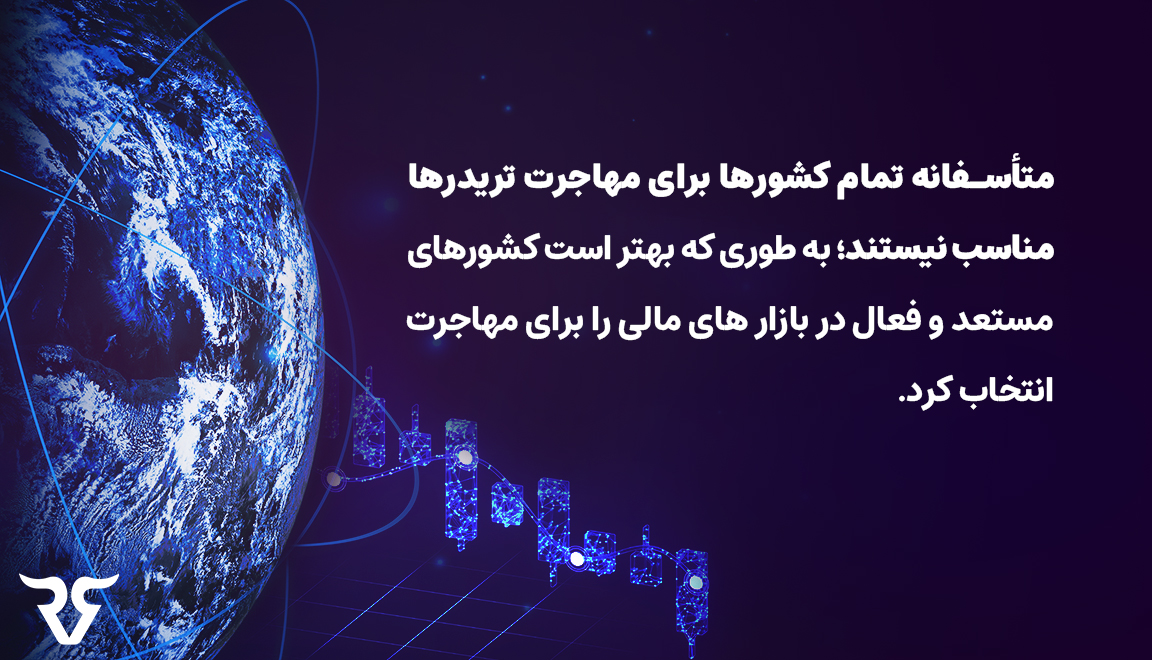 متاسفانه تمام کشورها برای مهاجرت تریدرها مناسب نیستند؛ به طوری که بهتر است کشورهای مستعد و فعال در بازار های مالی را برای مهاجرت انتخاب کرد.